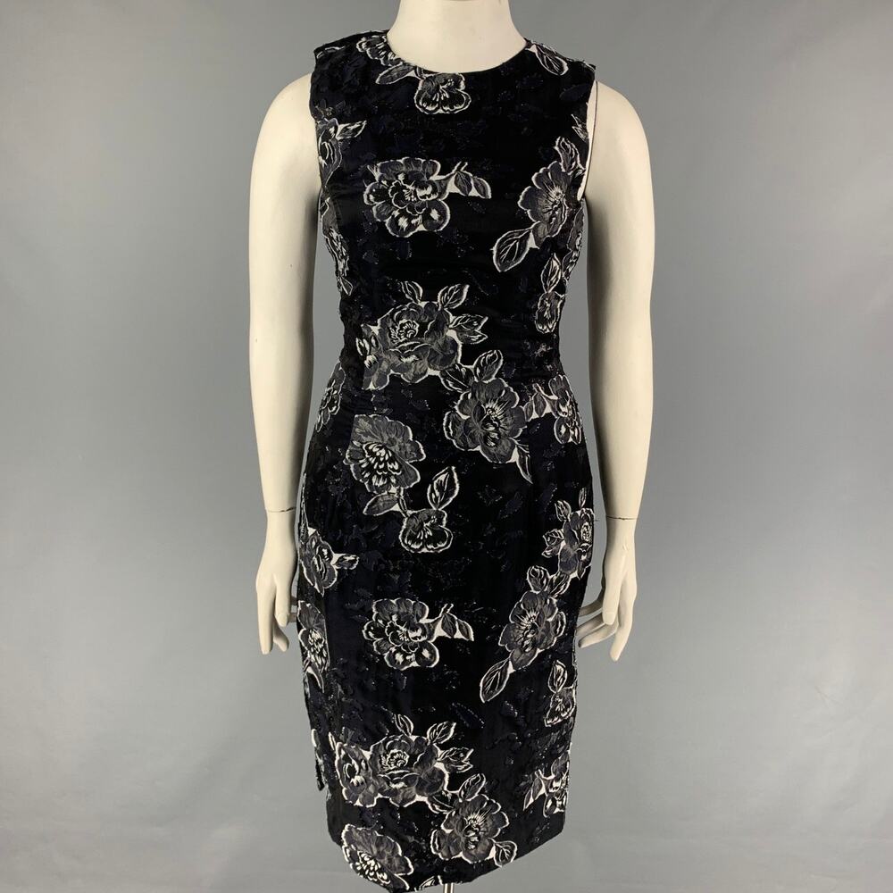 PRABAL GURUNG Size 10 Black Navy Silk Polyester Floral Sleeveless Dress
